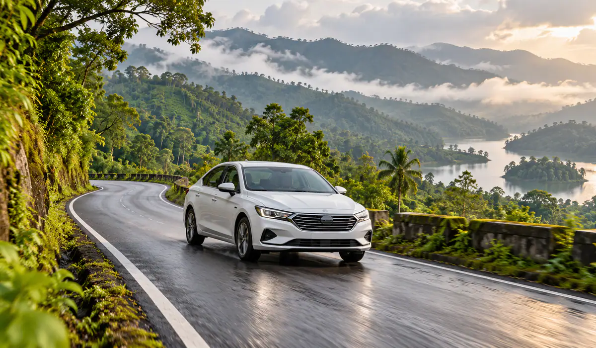 Sedan and SUV cabs for hire on a Malnad road, Thirthahalli