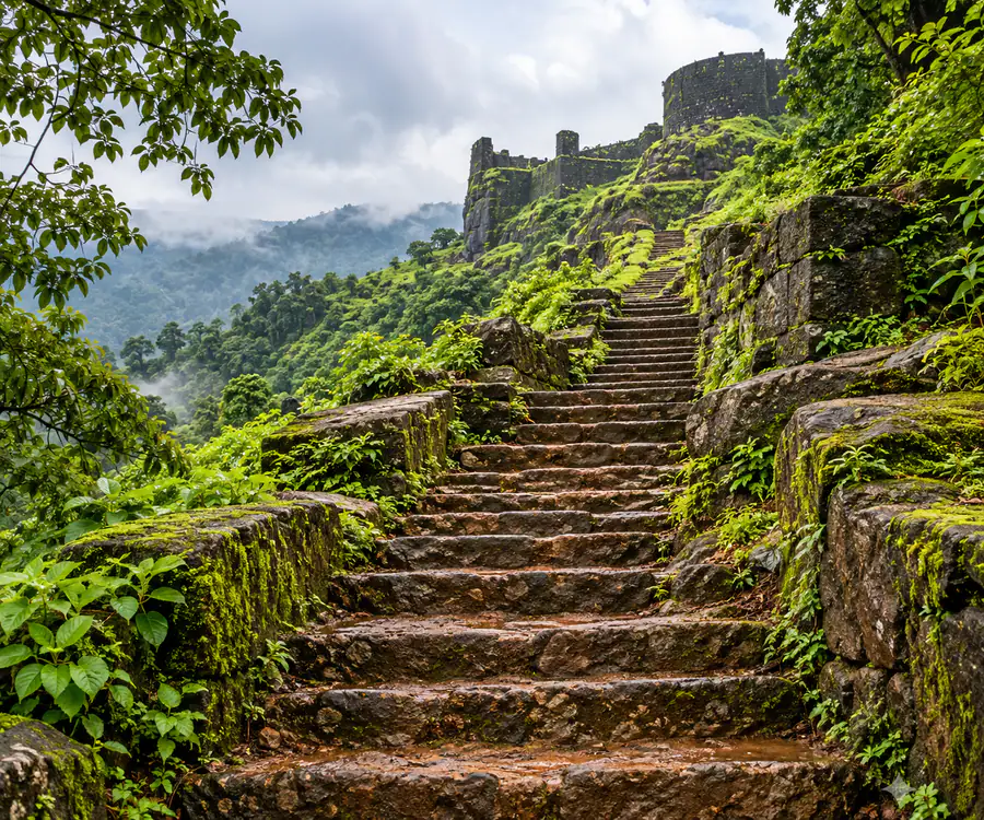 Ancient stone steps leading up to Kavaledurga fort in Malnad