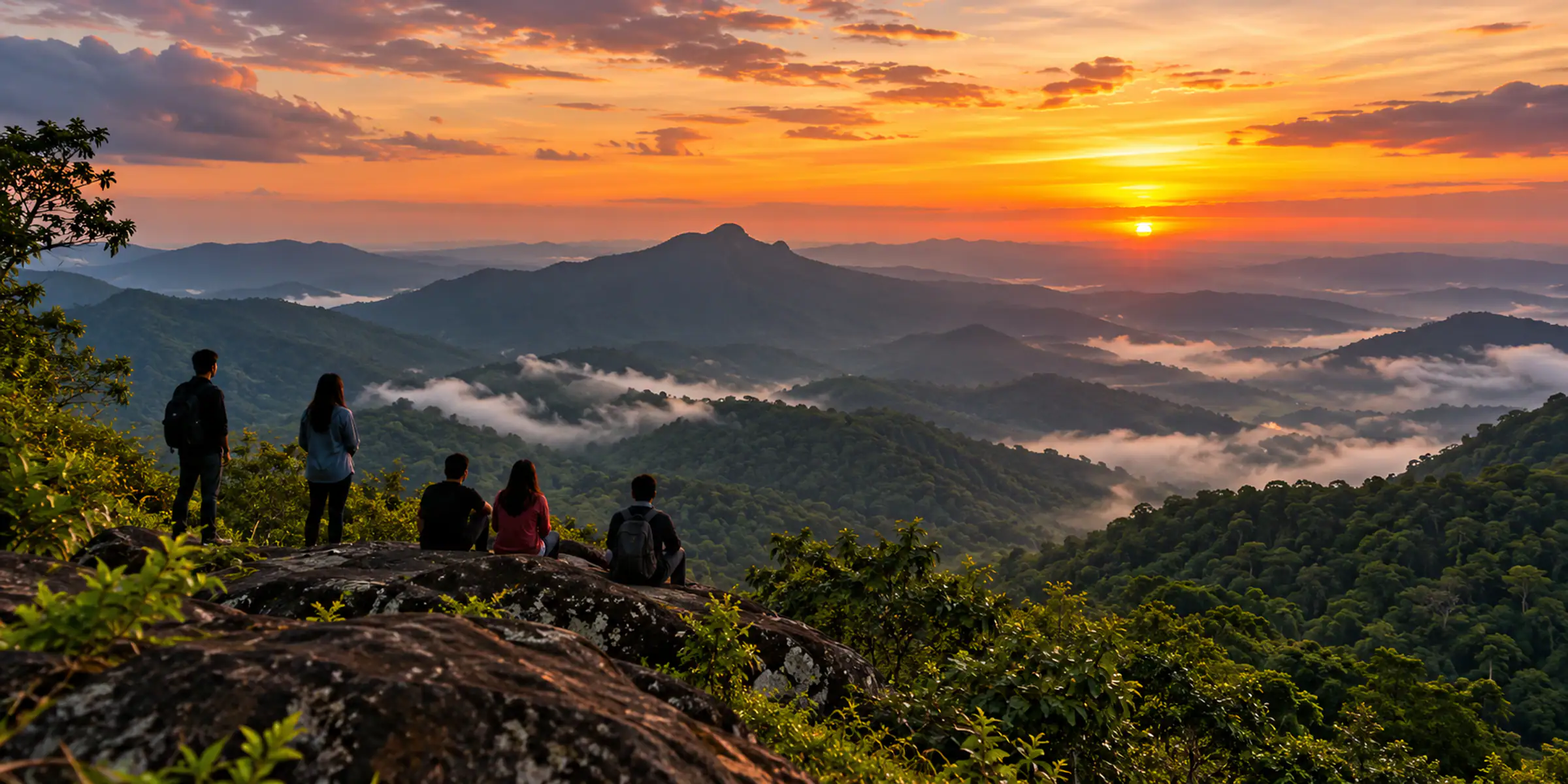Tourists in silhouette at Agumbe sunset point with layered blue ridges at dusk