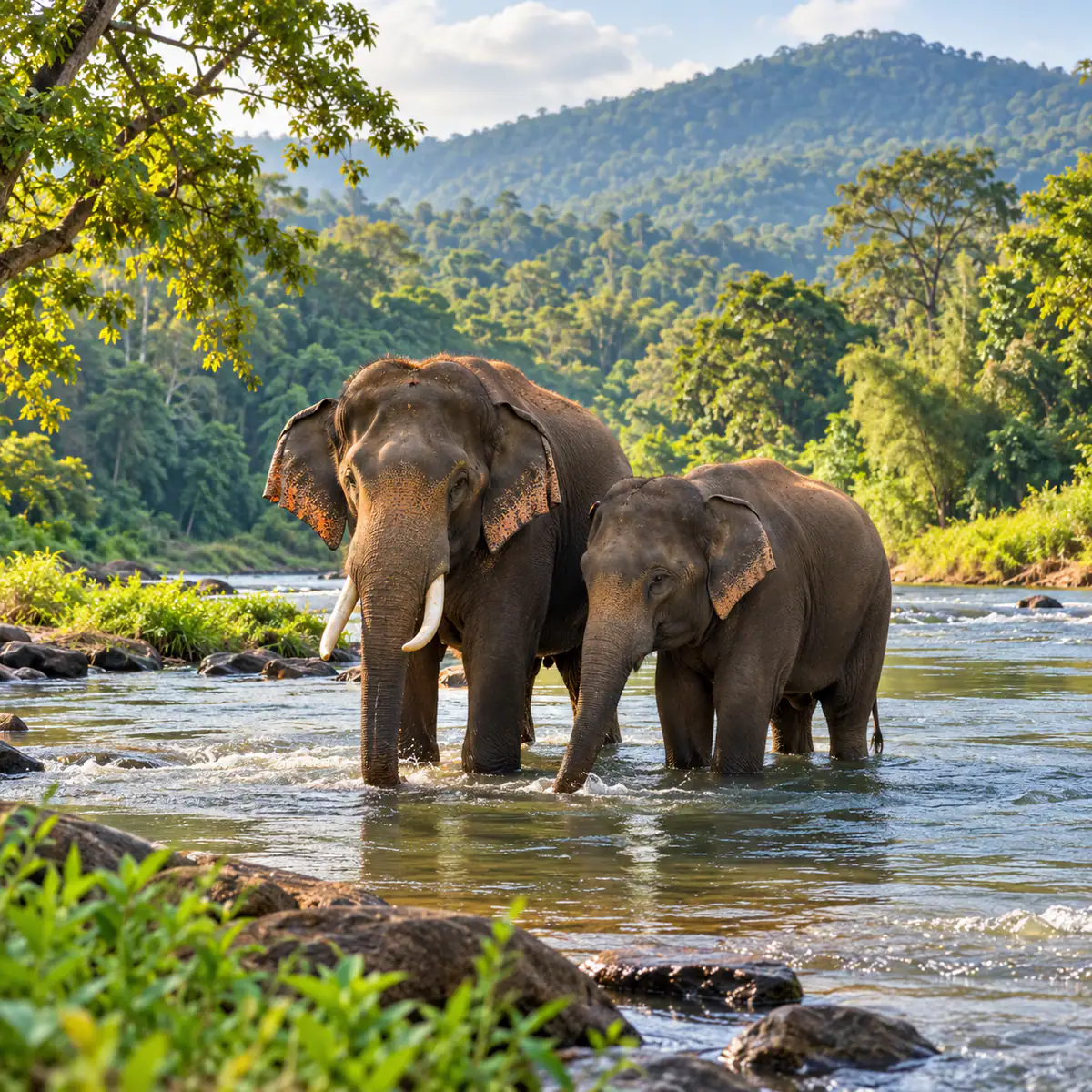 Shivamogga taluk, Shivamogga district — Sakrebyle elephants in the Tunga